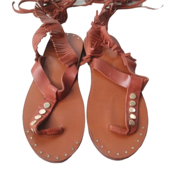 Zara Trafaluc Women's Leather Stud Detail Gladiator Fringe Strappy Flat Sandals - Picture 2 of 11